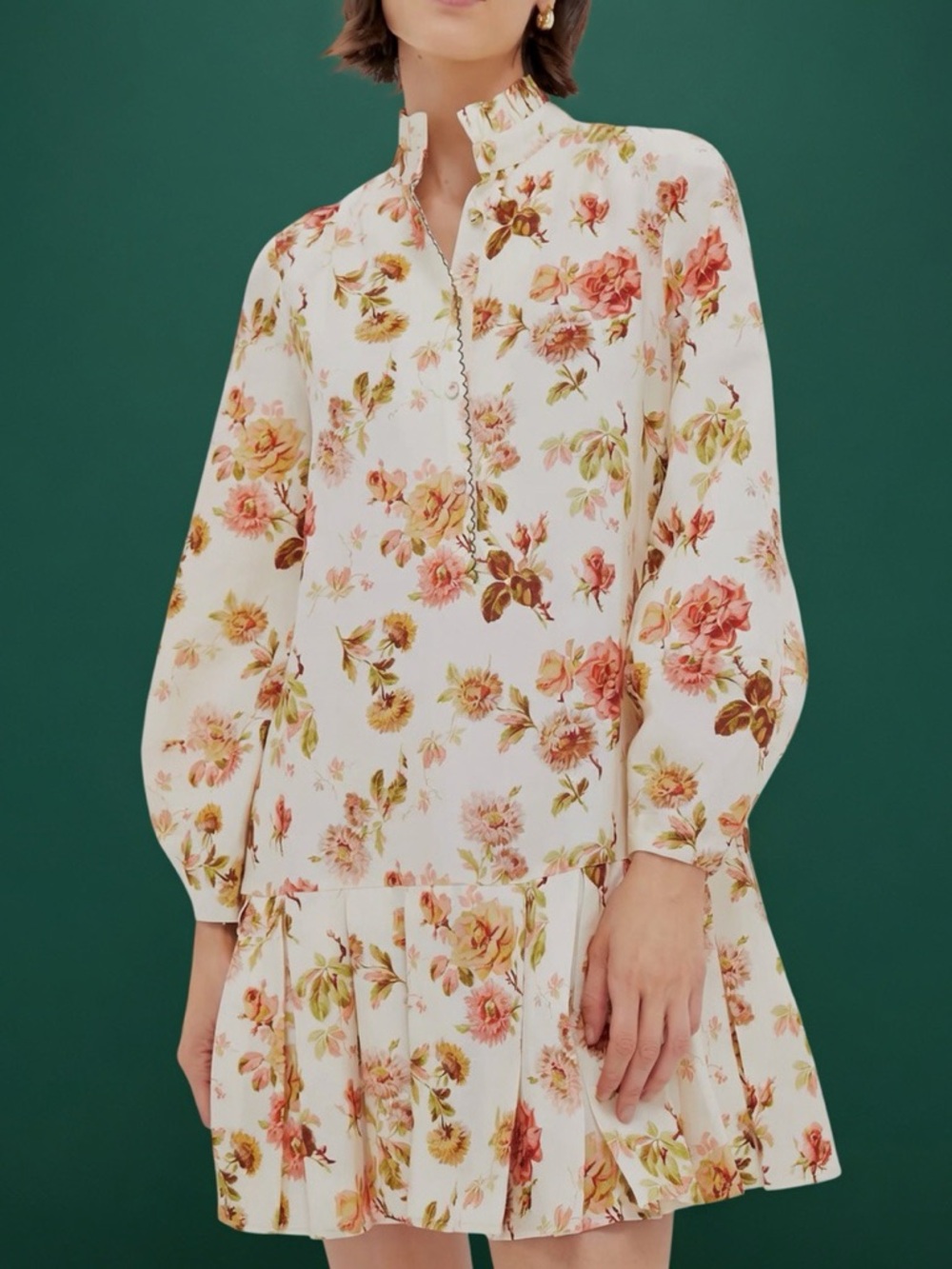 Tuckernuck Romantic Floral Tia ruffle neckline earth tone & pleated skirt dress
